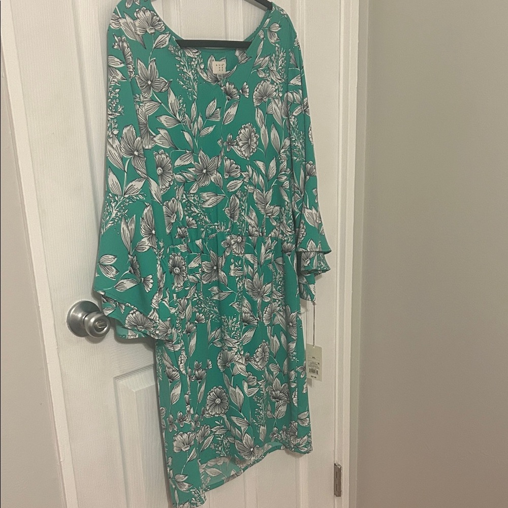 a new day Teal Green Floral Midi Dress with Ruffle Sleeves